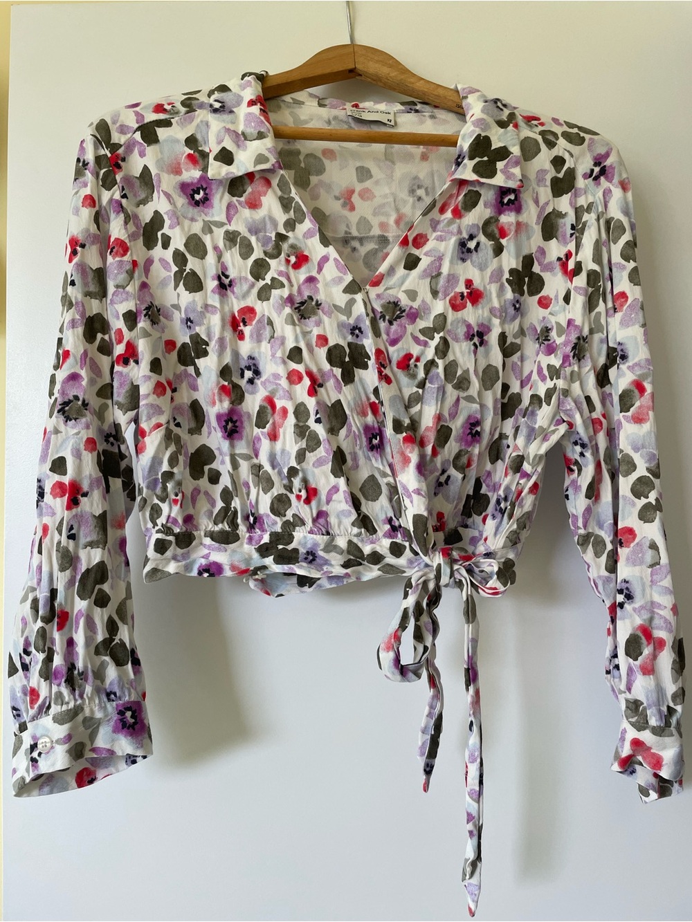 Frank and Oak Floral Tie-Front Women’s Blouse - White with Pink & Purple Flowers